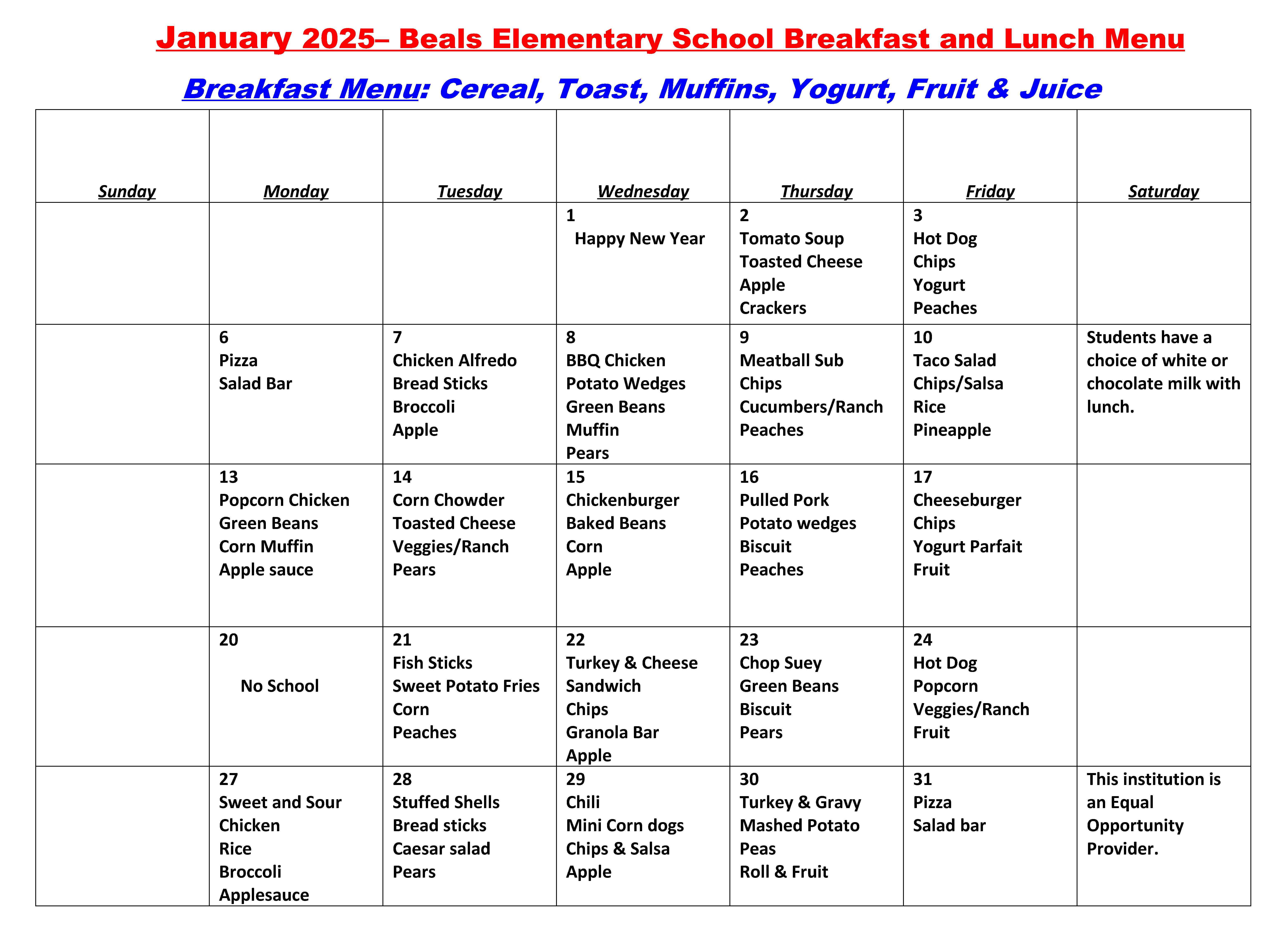 January 2025 Lunch Menu Graphic