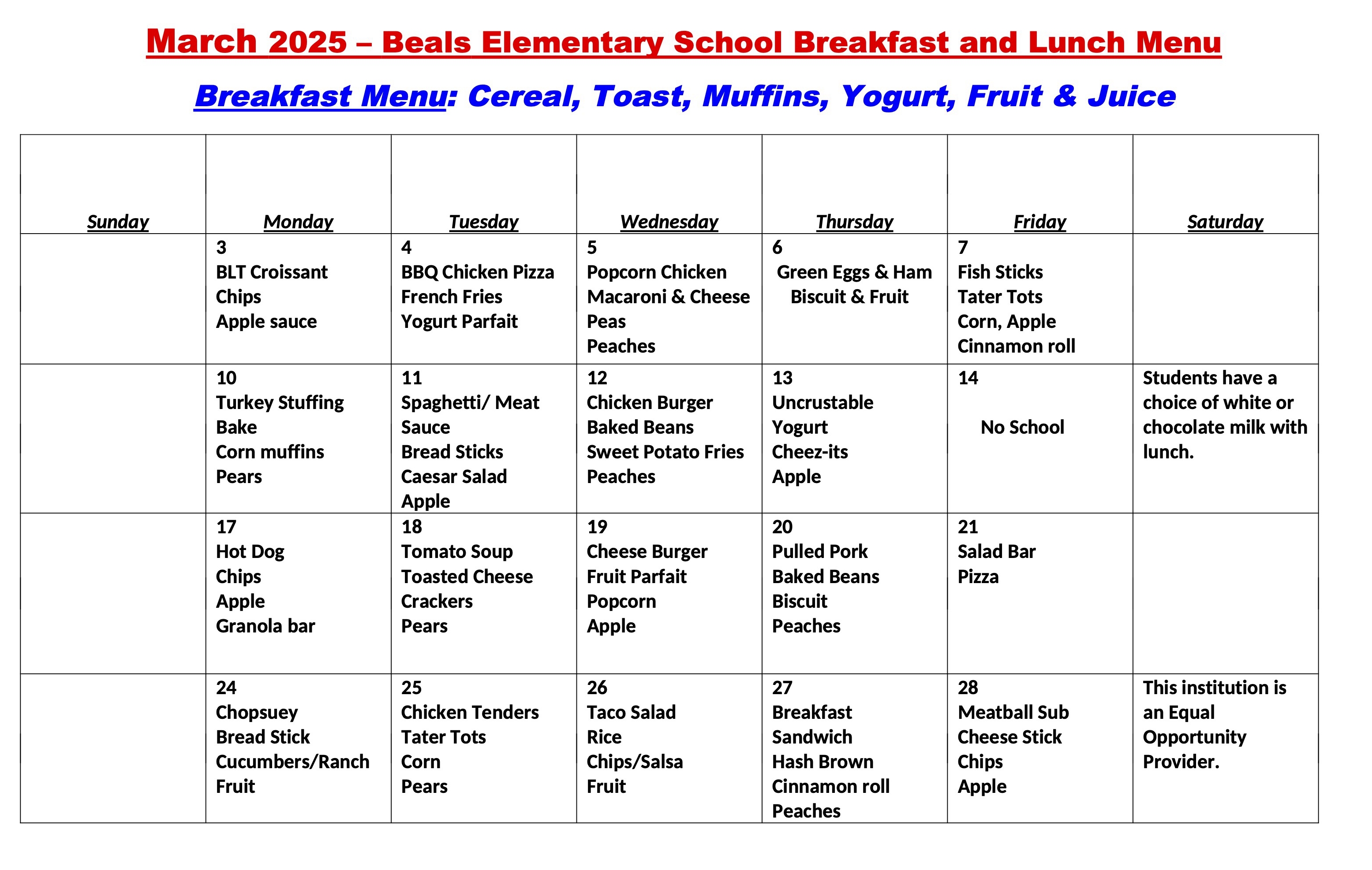 March 2025 Lunch Menu