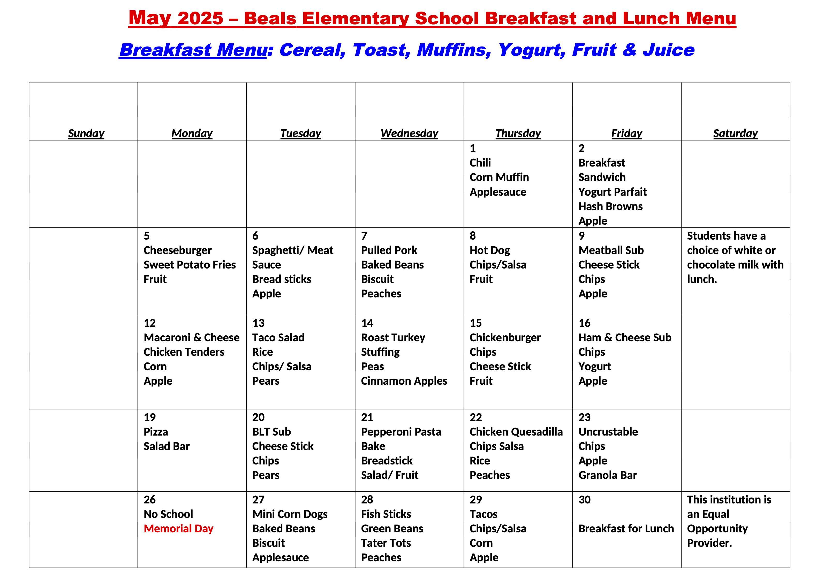 MAY
          2025 LUNCH MENU