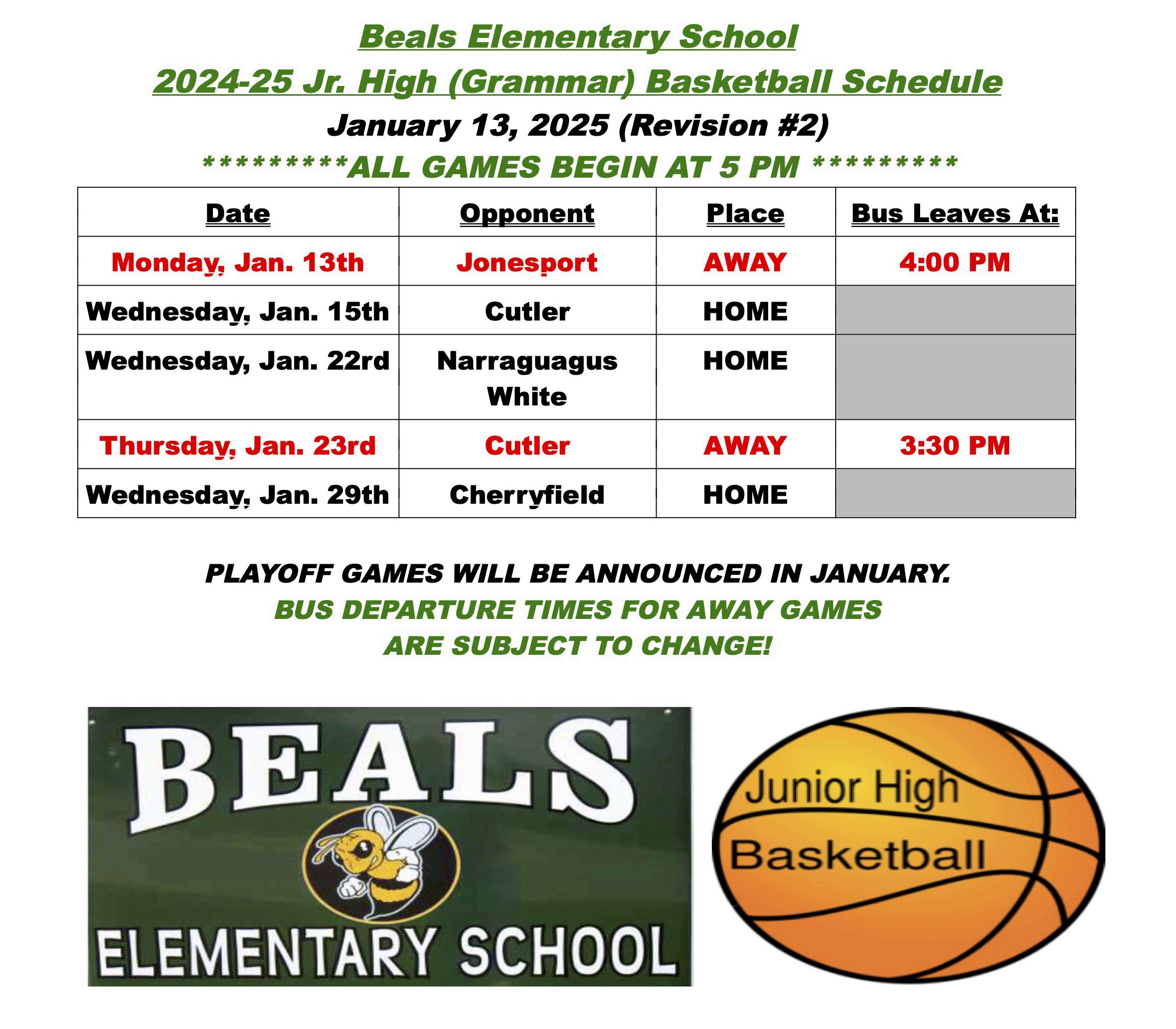 Beals Grammar Basketball Schedule 1-20-25