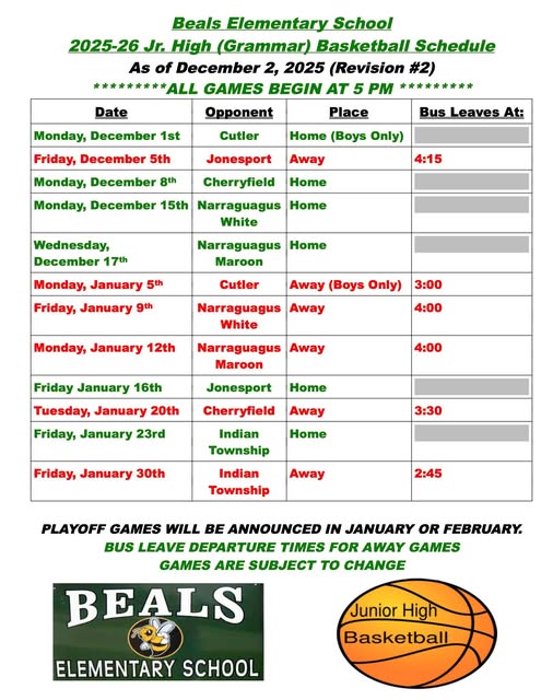 Basketball Schedule as of 12/1