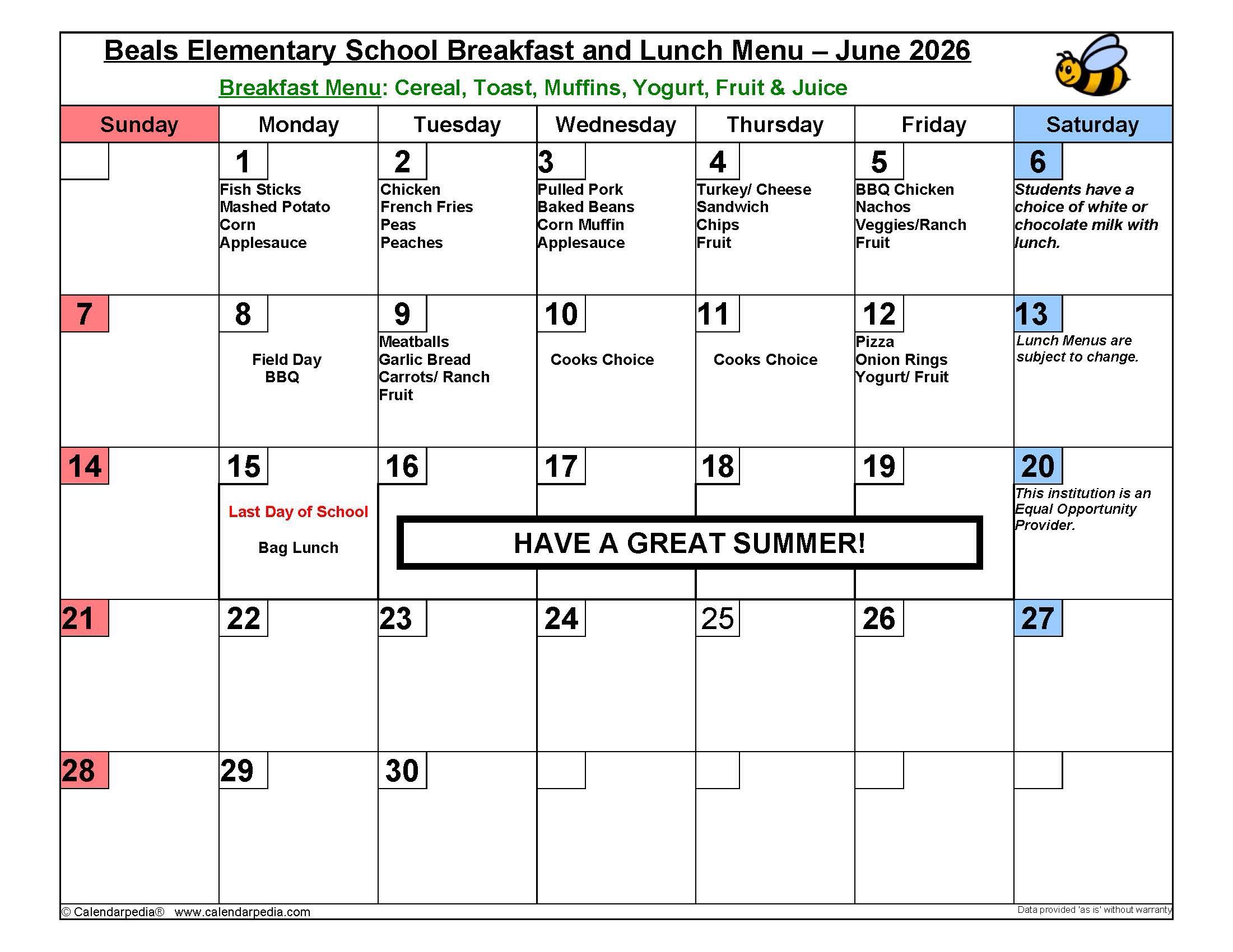 June 2026 Lunch Menu
