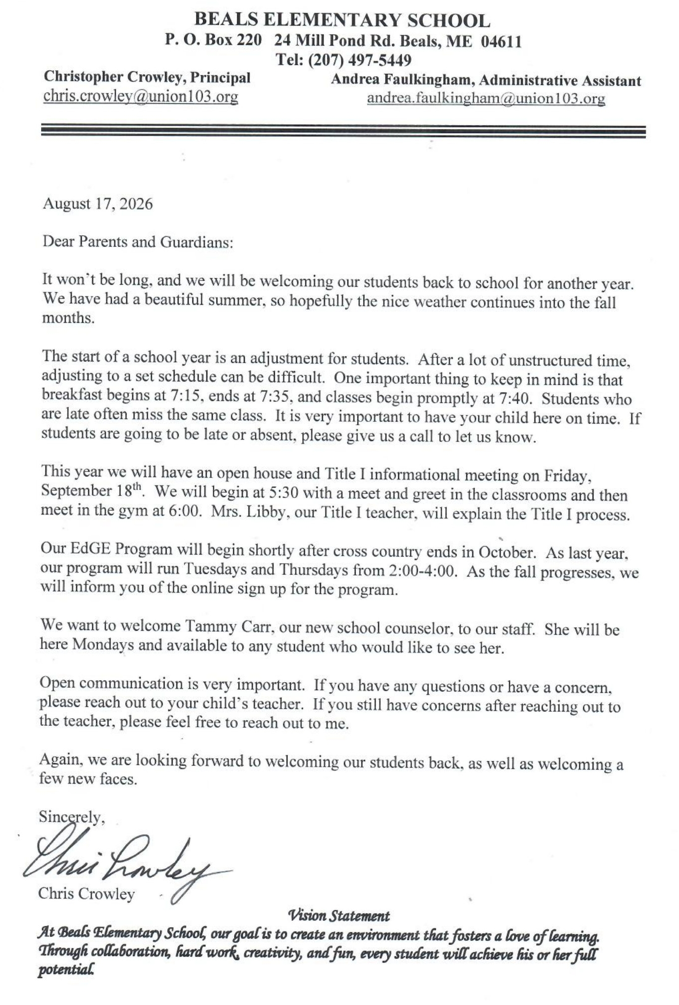 Mr. Crowley's Back To School Letter