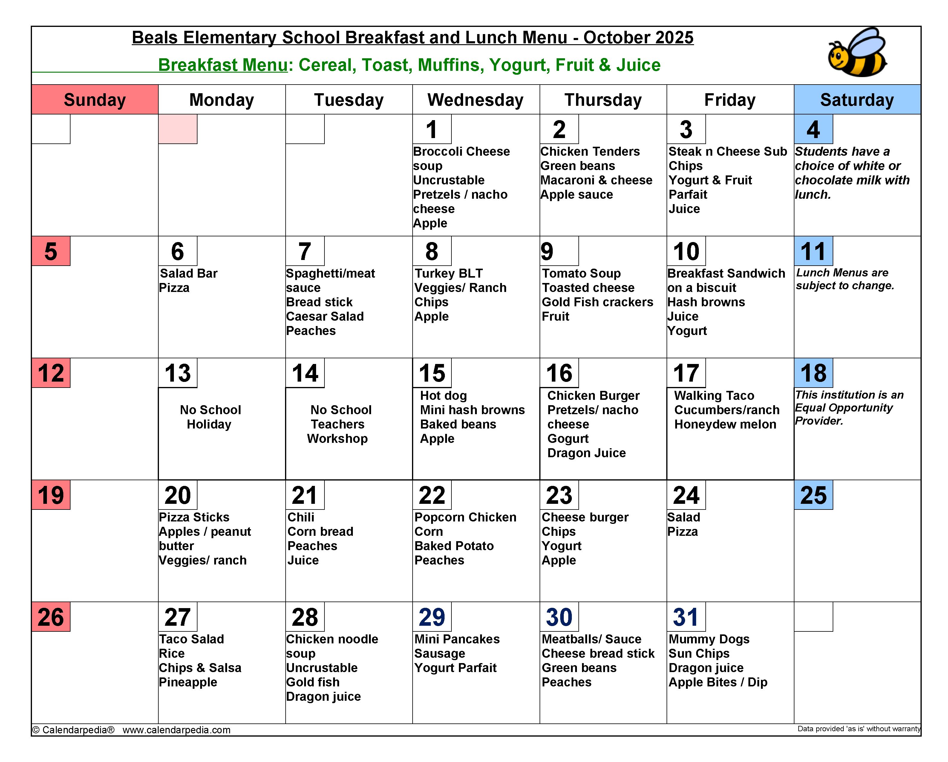 October 2025 Lunch Menu