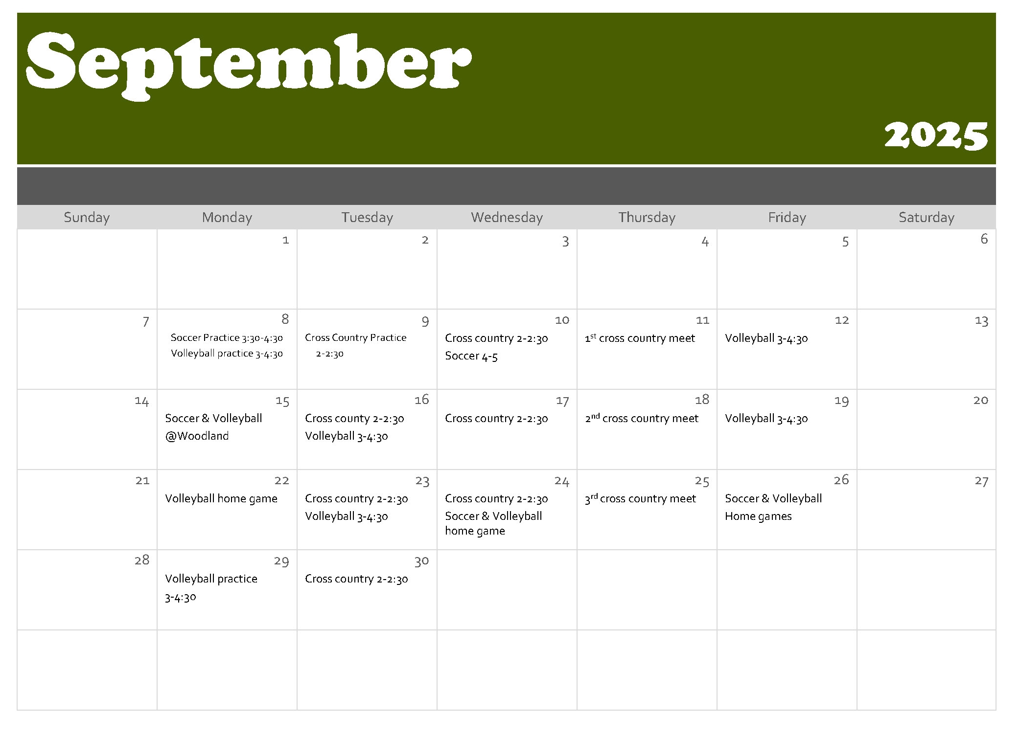 September 2025 Sports Schedule