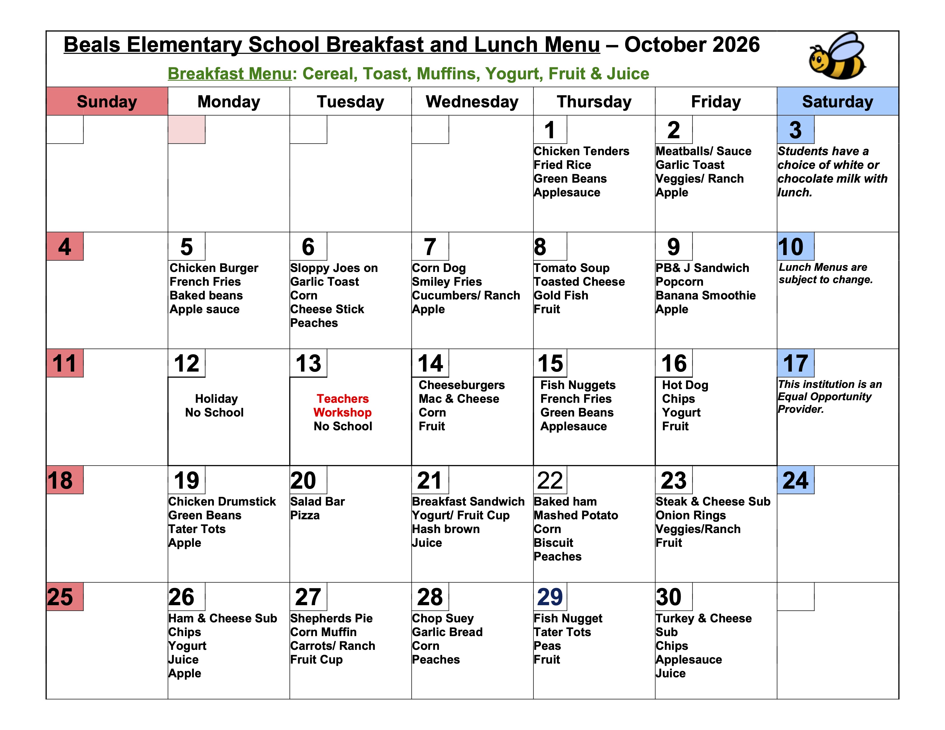 October 2026 Lunch Menu