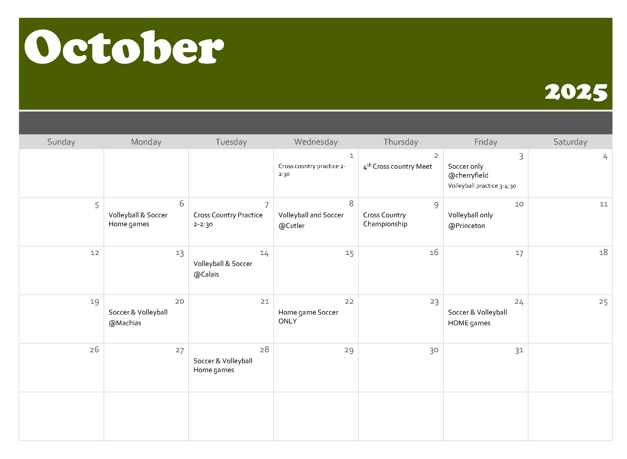 October 2025 Sports Schedule