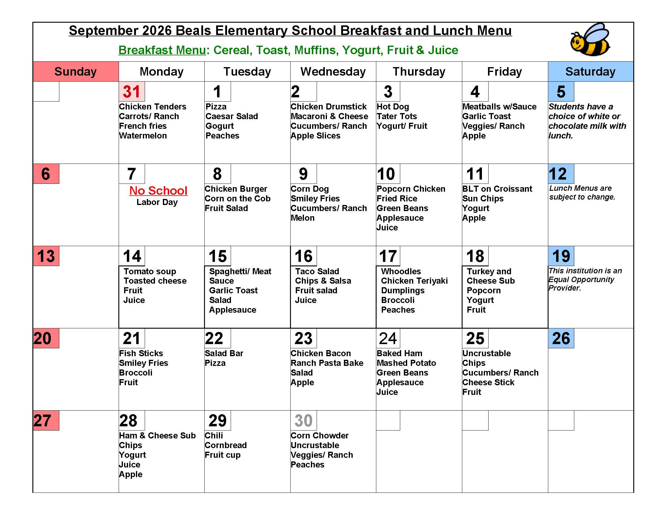 September 2026 Lunch Menu